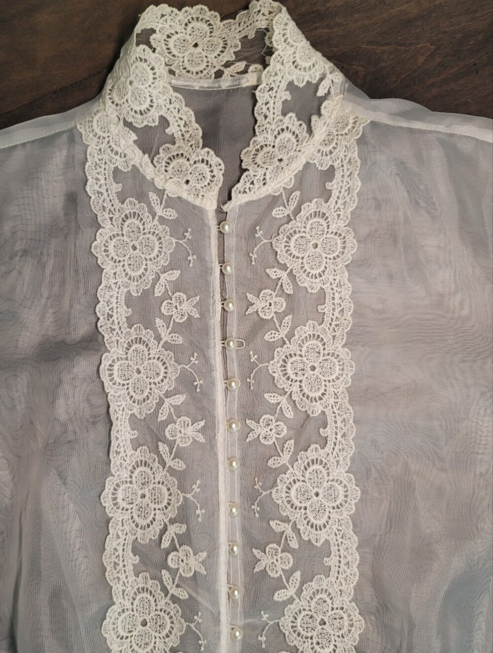 VINTAGE Shelley Johnson Twin Peaks Sheer Peplum Blouse Lace Trim Pearl Buttons - Picture 5 of 15